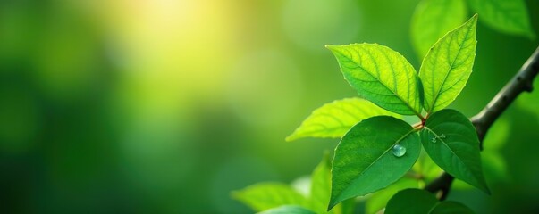 Obraz premium Blurred nature abstract bokeh background with green foliage, water droplets, warm light, green, warm light