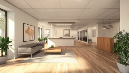 A modern office space with reception and seating areas