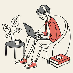 a student with headphones in a chair and a laptop