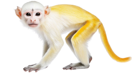 Cute white monkey with yellow highlights posing in a playful stance on a white background