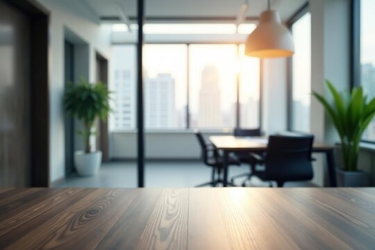 Blurred office interior background with desk, window light bokeh, modern business center for presentation or meeting,  desk,  presentation