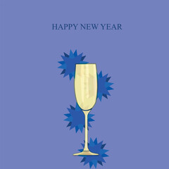 champagne glass on a blue background with stars with the inscription: new year