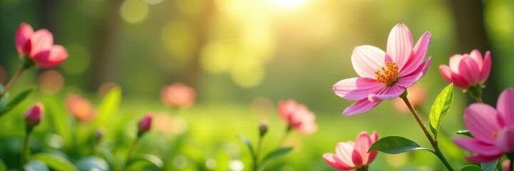 Obraz premium Blurred outdoor nature background with vibrant spring flowers framing the scene, colorful, abstract