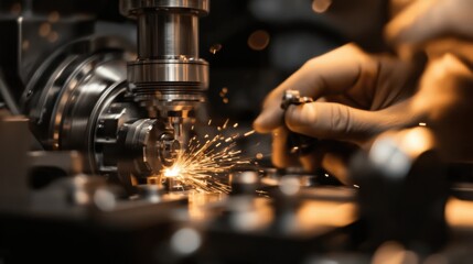 A worker assembling advanced machinery in a sleek modern factory.