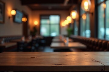 Blurred restaurant lights creating abstract background behind wooden table,  ambiance,  food