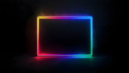A vibrant neon frame with rainbow colors glowing against a dark background, ideal for creative designs and digital projects.