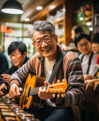 Fototapeta premium A joyful elderly man playing guitar and smiling in a vibrant social setting.