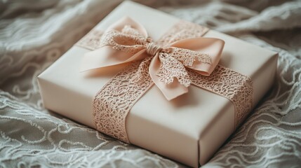 Elegant gift box, lace ribbon, fabric backdrop, wedding