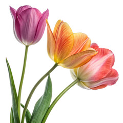 Three Colorful Tulips Isolated on Black Background Beautiful Spring Flowers