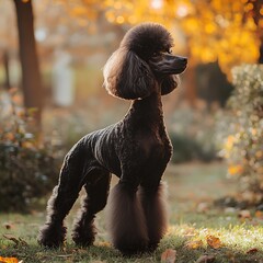 black Poodle with Fluffy Coat Standing in Garden with Soft Warm Light