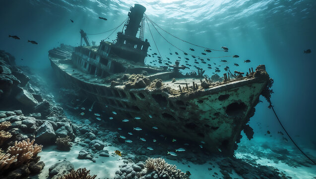 Shipwreck Resting on the Ocean Floor Fondos marinos