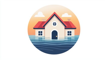 A house surrounded by water, depicting flooding, with a sunset backdrop and stylized clouds in a circular design.