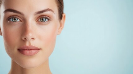 Fototapeta premium Close-up of a woman with fair skin, light brown hair, and hazel eyes against a light blue background