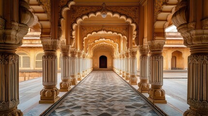 Fototapeta premium A long ornate corridor displaying beautiful architecture and symmetrical details