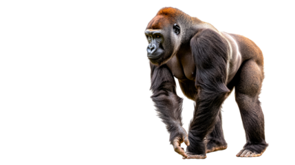Majestic gorilla walking gracefully in a natural habitat with strong posture and intense gaze