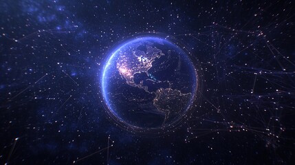 Obraz premium A digital art illustration of Earth from a space perspective, with glowing blue data network connection lines on its surface, set against a deep blue space background