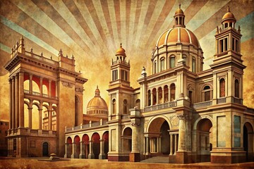 Obraz premium Vintage Architectural Poster Design: Retro Building Illustrations
