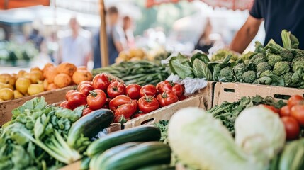 Bustling Farmers Market Filled With Fresh Vegetables and Colorful Produce on a Sunny Day