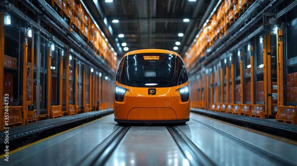 Poster an automated transport vehicle navigates through the aisles of a high tech warehouse, enhancing logi