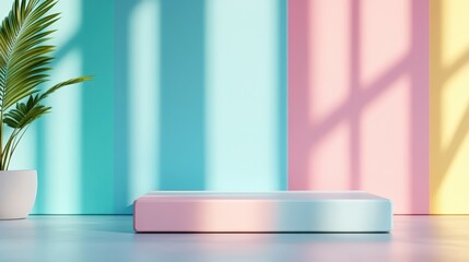 Bright pastel-colored room with sunlight stripes on walls, featu pale pink and light blue platform, and potted palm plant in white planter