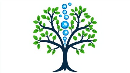 A stylized tree with green leaves and blue bubbles rising from its branches, symbolizing growth and vitality.
