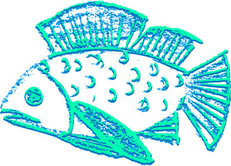 Crayon hand drawn set of violet various fishes. Doodle shapes. Cute sea pattern. Marine kids school background. Color chalk sketch elements on black chalkboard. Vector illustrations.