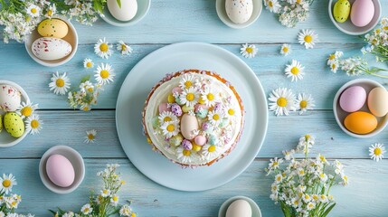 A photographic illustration of an Easter-themed dessert scene, a cake decorated with colorful sprinkles and white frosting at the center, topped with a daisy