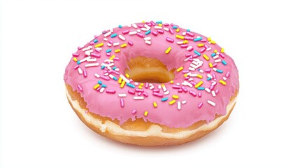 A colorful pink frosted donut with sprinkles, featuring a golden brown base, perfect for sweet treats or bakery promotions.