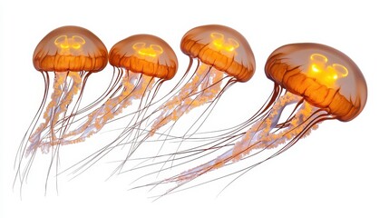 Glowing Amber Jellyfish Group Swimming in White Background