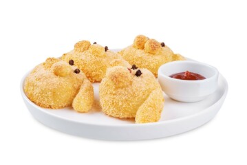 Potato croquettes in the form of dog or rabbit  with filling in a plate on a white isolated background