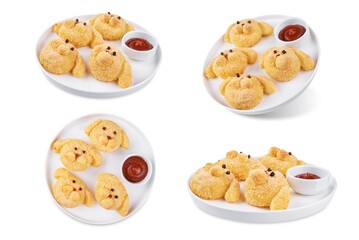 Potato croquettes in the form of dog or rabbit  with filling in a plate on a white isolated background