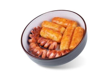 Fried sausages with spicy tomato sauce teokbokki in a bowl on a white isolated background