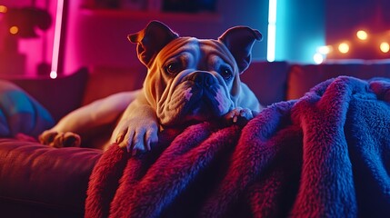 Bulldog enjoying a deep and restful nap on a plush couch with a soft knitted blanket