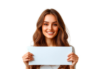 Fototapeta premium Young woman holding a blank paper for custom text isolated on transparent background