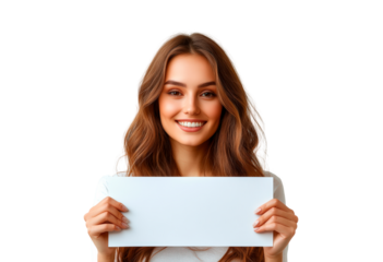 Young woman holding a blank paper for custom text isolated on transparent background