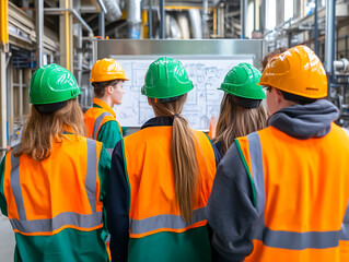 Group of workers discussing plans in an industrial setting with safety gear.