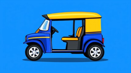 Colorful auto rickshaw illustration with a blue background, featuring a yellow roof and seating for passengers.