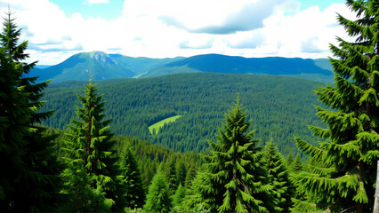 Fototapeta premium Stunning Mountain View Surrounded by Lush Green Forests and a Clear Sky