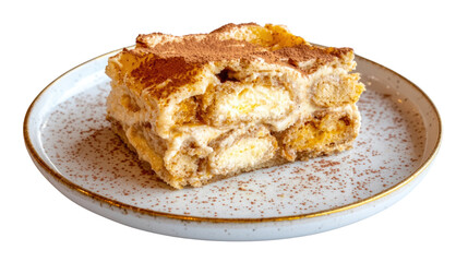 Delicious Homemade Tiramisu Dessert Layered with Cream and Cocoa on a White Plate