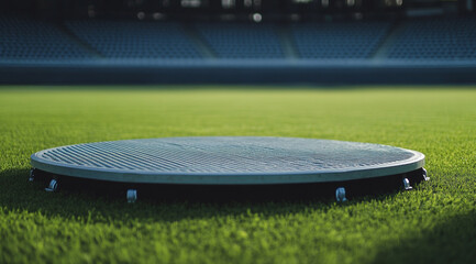 A concrete circular platform sits amidst lush greenery in a spacious field under a sunny sky with scattered clouds.