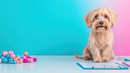 Small dog sitting on a desk with medical tools, a clipboard, and colorful pills in a veterinary clinic setting with pastel colors