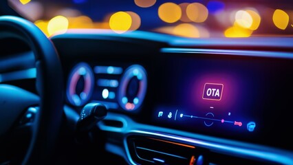 Car infotainment system display showing ota firmware update software upgrade concept
