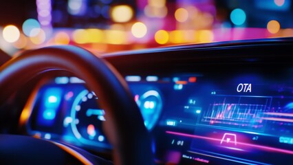 Futuristic car dashboard display showing OTA software upgrade high-tech vehicle interface with neon lights