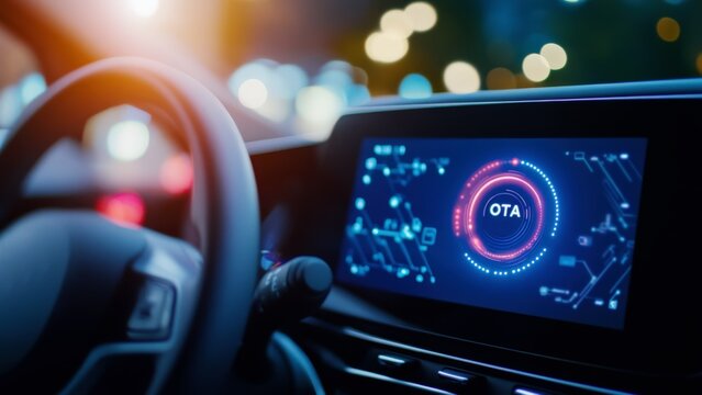 Futuristic car dashboard display showing software upgrade progress concept