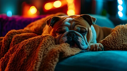 Bulldog taking a peaceful nap on a fluffy knitted blanket in a warm and tranquil setting