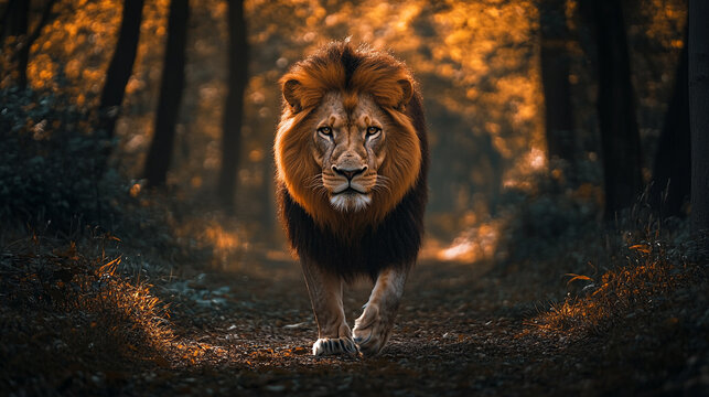 A majestic lion walking directly towards the viewer in a dimly lit forest setting with trees