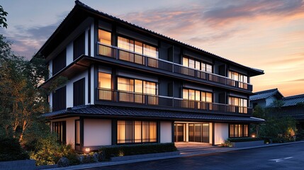 A digital art illustration of a modern apartment building with dark glass and metal materials, surrounded by green trees and grass, a sunset sky in the background with orange and purple gradients