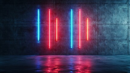 Neon blue and red vertical lights casting vibrant reflections in a dark, moody concrete room creating an atmospheric, modern artistic ambiance