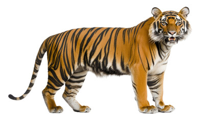 Obraz premium Majestic Bengal Tiger Stands Proudly with Striking Orange Fur and Black Stripes Against Black Backdrop