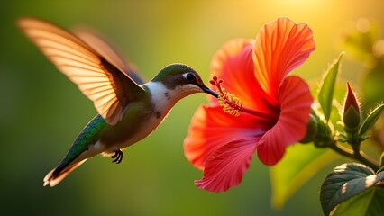 Fototapeta premium Hummingbird Sipping Nectar from a Red Hibiscus Flower